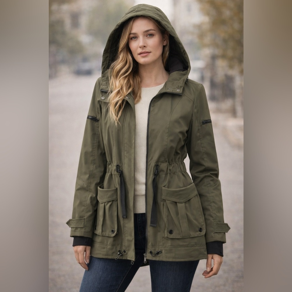 Blanc Noir Olive Green Hooded Utility Jacket Womens L Stretch Moto Anorak Coat